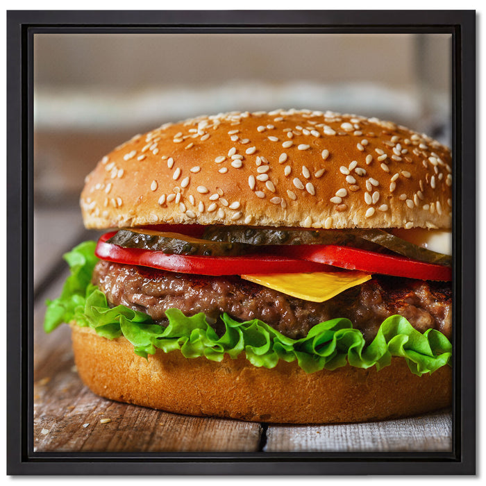 Burger mit Tomaten auf Leinwandbild Quadratisch gerahmt Größe 40x40