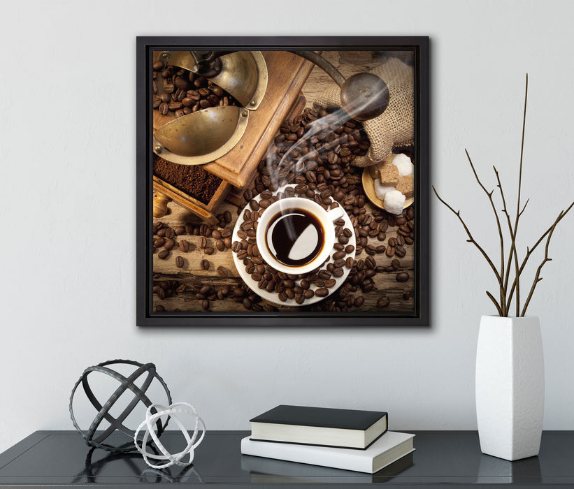 Kaffee mit Kaffeemühle  auf Leinwandbild Quadratisch gerahmt mit Kirschblüten