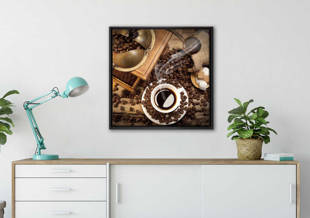 Kaffee mit Kaffeemühle auf Leinwandbild gerahmt Quadratisch verschiedene Größen im Wohnzimmer