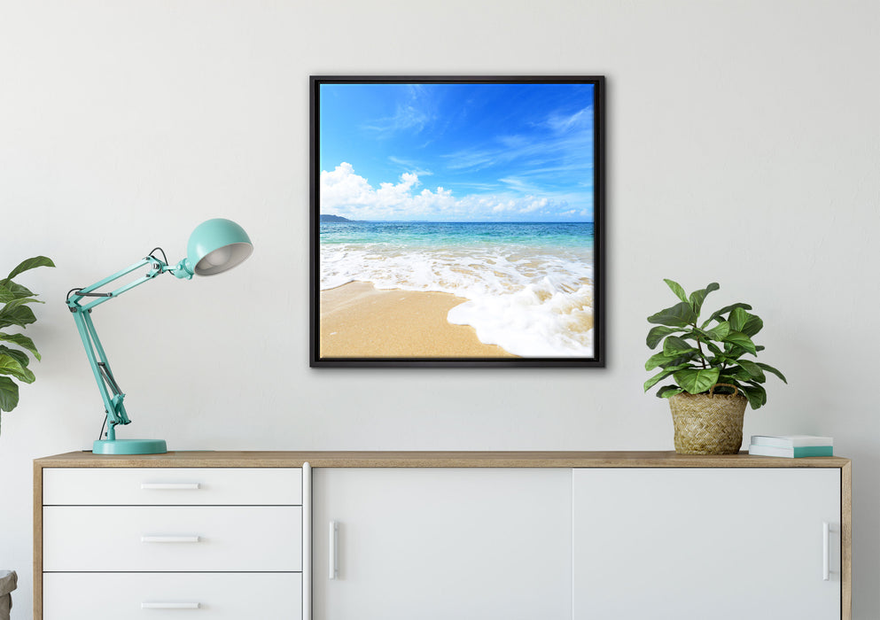 Strand bei Sonnenuntergang auf Leinwandbild gerahmt Quadratisch verschiedene Größen im Wohnzimmer