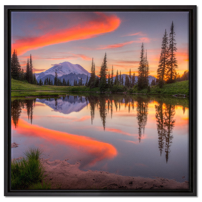 Sonnenaufgang Berglandschaft auf Leinwandbild Quadratisch gerahmt Größe 60x60