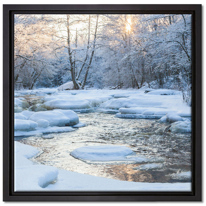 Bach in Winterlandschaft auf Leinwandbild Quadratisch gerahmt Größe 40x40