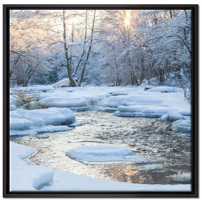 Bach in Winterlandschaft auf Leinwandbild Quadratisch gerahmt Größe 70x70