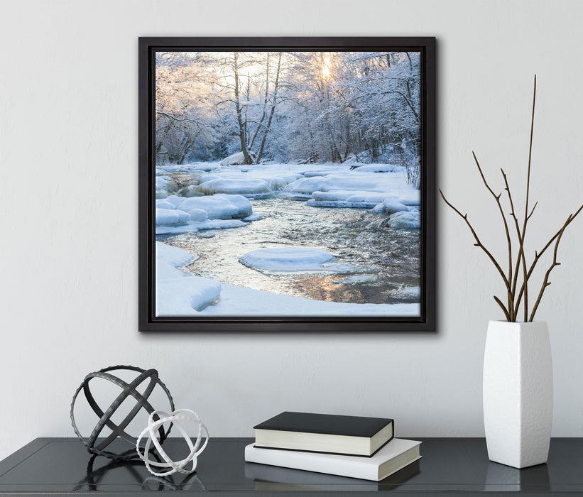 Bach in Winterlandschaft  auf Leinwandbild Quadratisch gerahmt mit Kirschblüten