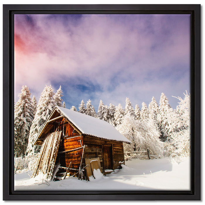 Holzhütte im Schnee auf Leinwandbild Quadratisch gerahmt Größe 40x40