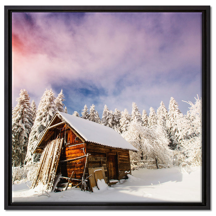 Holzhütte im Schnee auf Leinwandbild Quadratisch gerahmt Größe 60x60