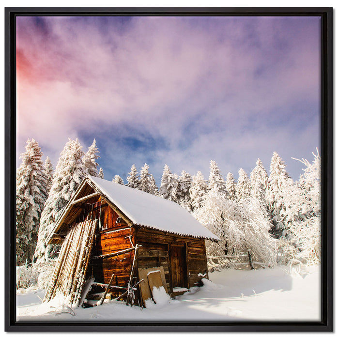 Holzhütte im Schnee auf Leinwandbild Quadratisch gerahmt Größe 70x70