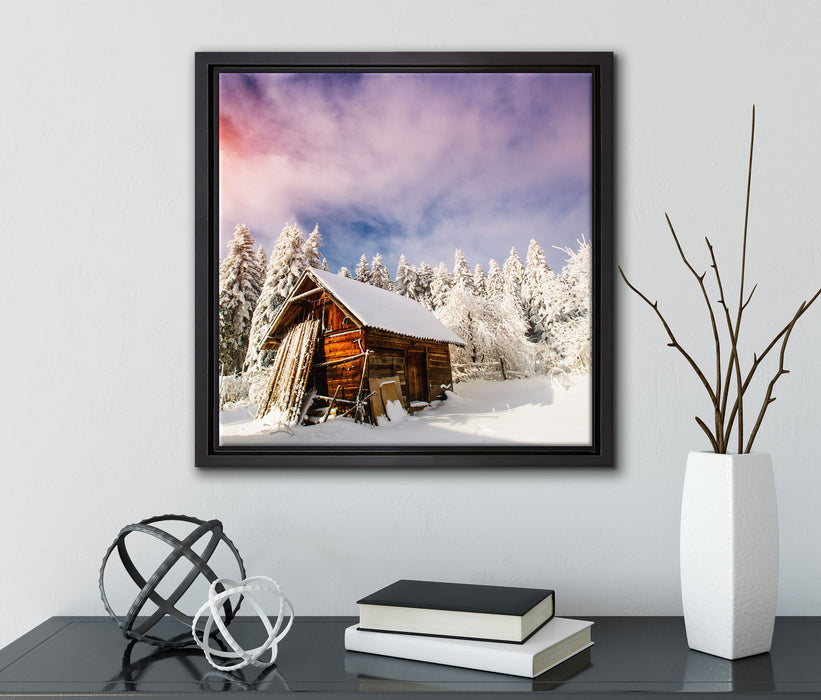 Holzhütte im Schnee  auf Leinwandbild Quadratisch gerahmt mit Kirschblüten