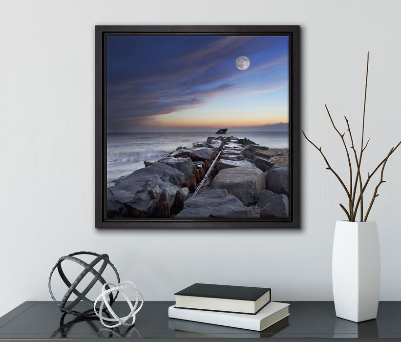 Steinlinie im Meer  auf Leinwandbild Quadratisch gerahmt mit Kirschblüten