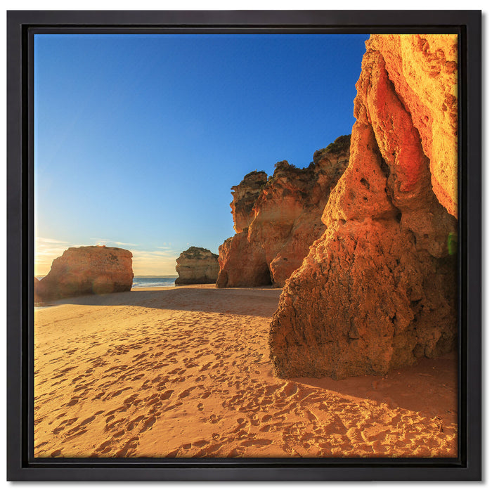 Sonnenuntergang an Felsen auf Leinwandbild Quadratisch gerahmt Größe 40x40