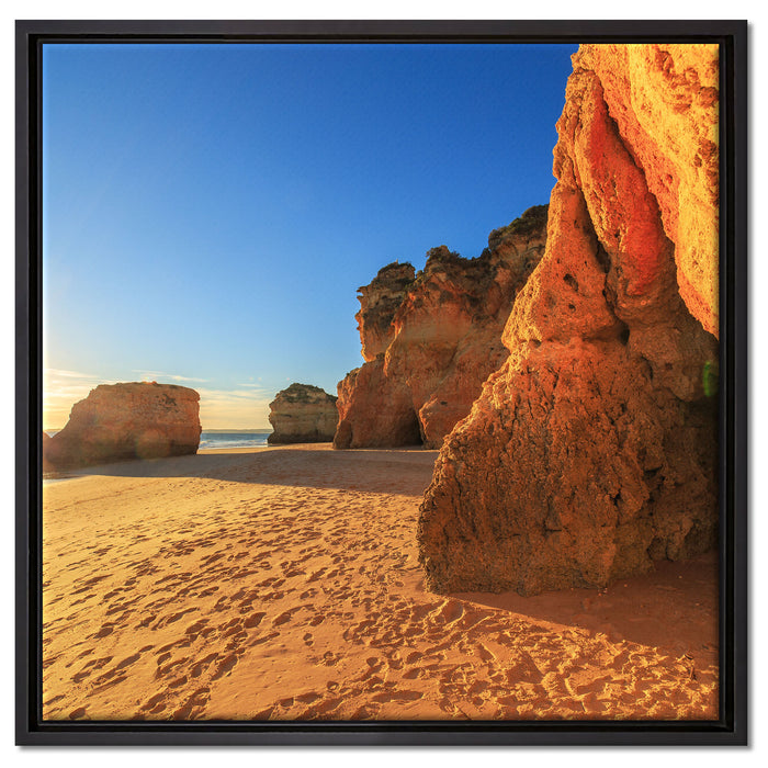 Sonnenuntergang an Felsen auf Leinwandbild Quadratisch gerahmt Größe 60x60