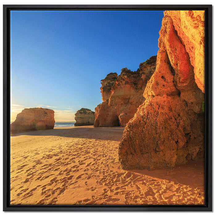 Sonnenuntergang an Felsen auf Leinwandbild Quadratisch gerahmt Größe 70x70