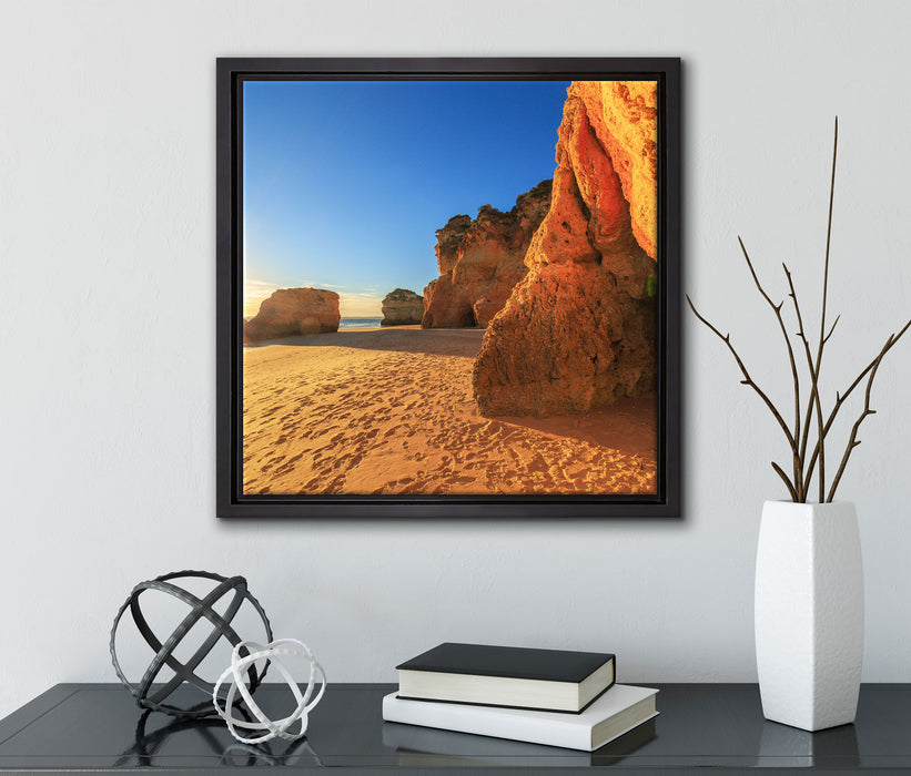 Sonnenuntergang an Felsen  auf Leinwandbild Quadratisch gerahmt mit Kirschblüten