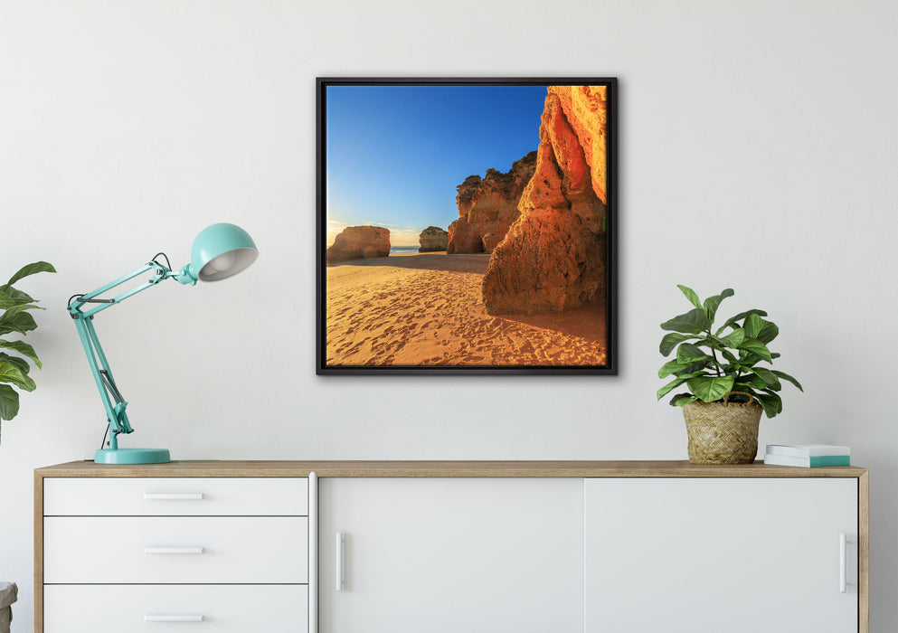 Sonnenuntergang an Felsen auf Leinwandbild gerahmt Quadratisch verschiedene Größen im Wohnzimmer