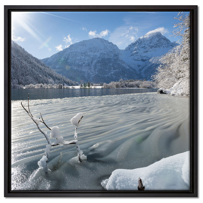 Winterlandschaft See auf Leinwandbild Quadratisch gerahmt Größe 60x60