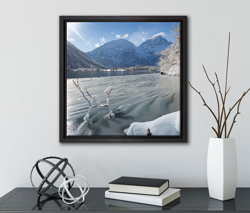 Winterlandschaft See  auf Leinwandbild Quadratisch gerahmt mit Kirschblüten