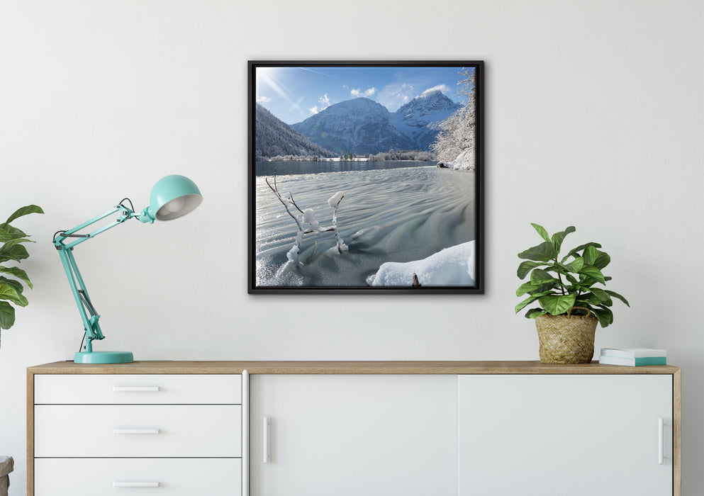 Winterlandschaft See auf Leinwandbild gerahmt Quadratisch verschiedene Größen im Wohnzimmer