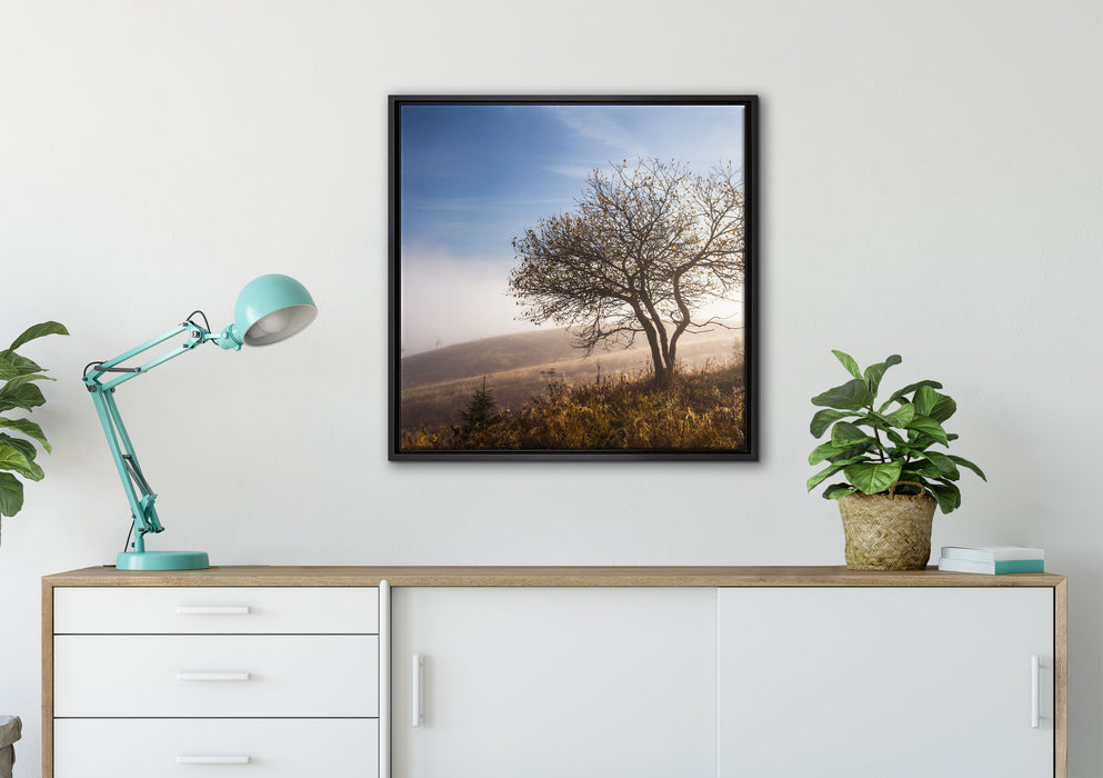 Baum im hohen Gras auf Leinwandbild gerahmt Quadratisch verschiedene Größen im Wohnzimmer