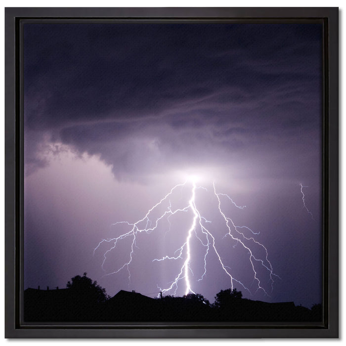 Einschlagender Blitz schwarz weiß auf Leinwandbild Quadratisch gerahmt Größe 40x40