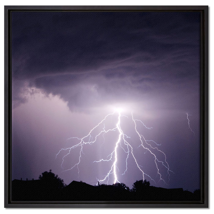 Einschlagender Blitz schwarz weiß auf Leinwandbild Quadratisch gerahmt Größe 60x60