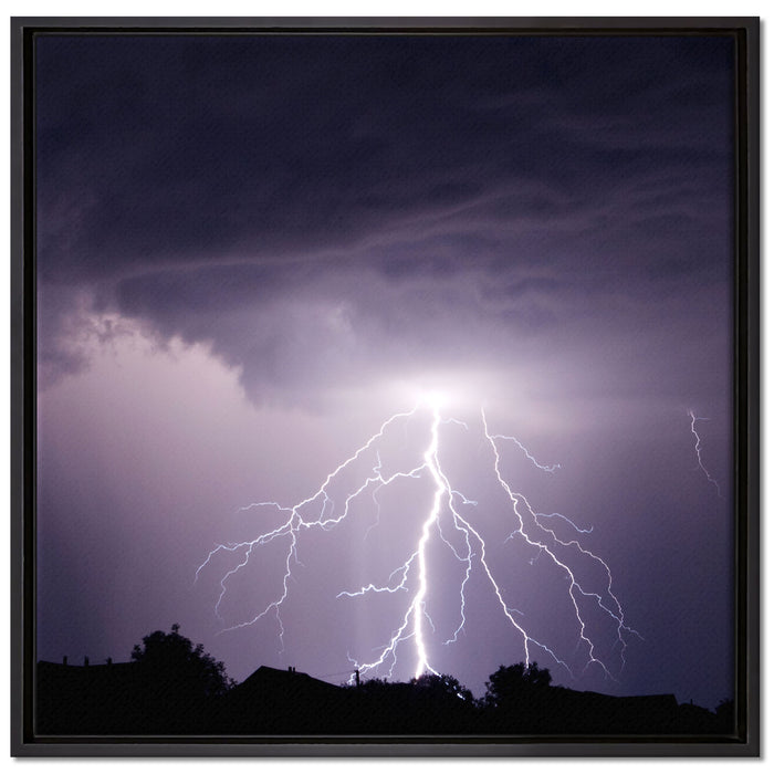 Einschlagender Blitz schwarz weiß auf Leinwandbild Quadratisch gerahmt Größe 70x70