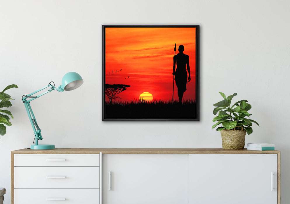 Roter Sonnenuntergang in Afrika auf Leinwandbild gerahmt Quadratisch verschiedene Größen im Wohnzimmer