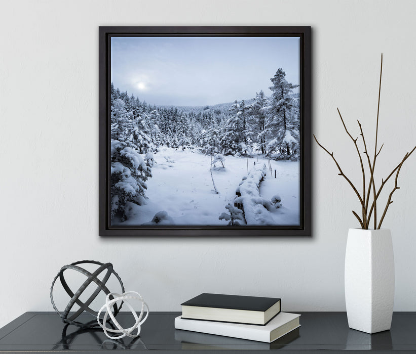 Winterlandschaft vereister See  auf Leinwandbild Quadratisch gerahmt mit Kirschblüten