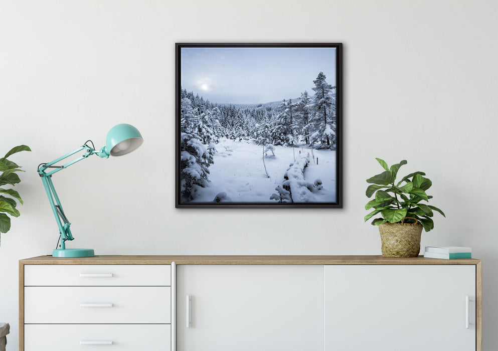 Winterlandschaft vereister See auf Leinwandbild gerahmt Quadratisch verschiedene Größen im Wohnzimmer