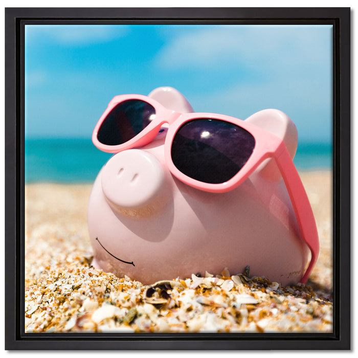 Schweinchen am Strand auf Leinwandbild Quadratisch gerahmt Größe 40x40