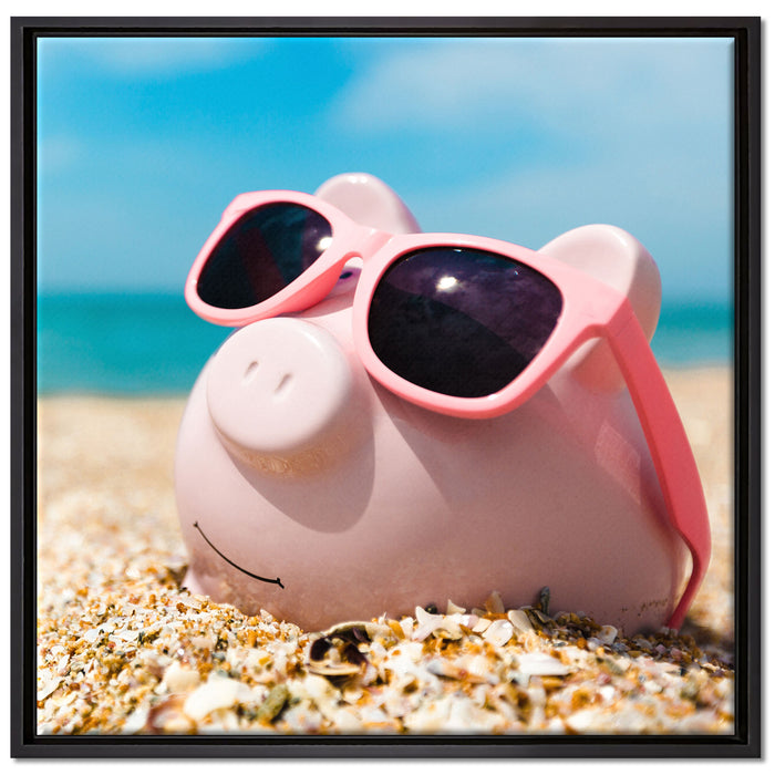 Schweinchen am Strand auf Leinwandbild Quadratisch gerahmt Größe 70x70