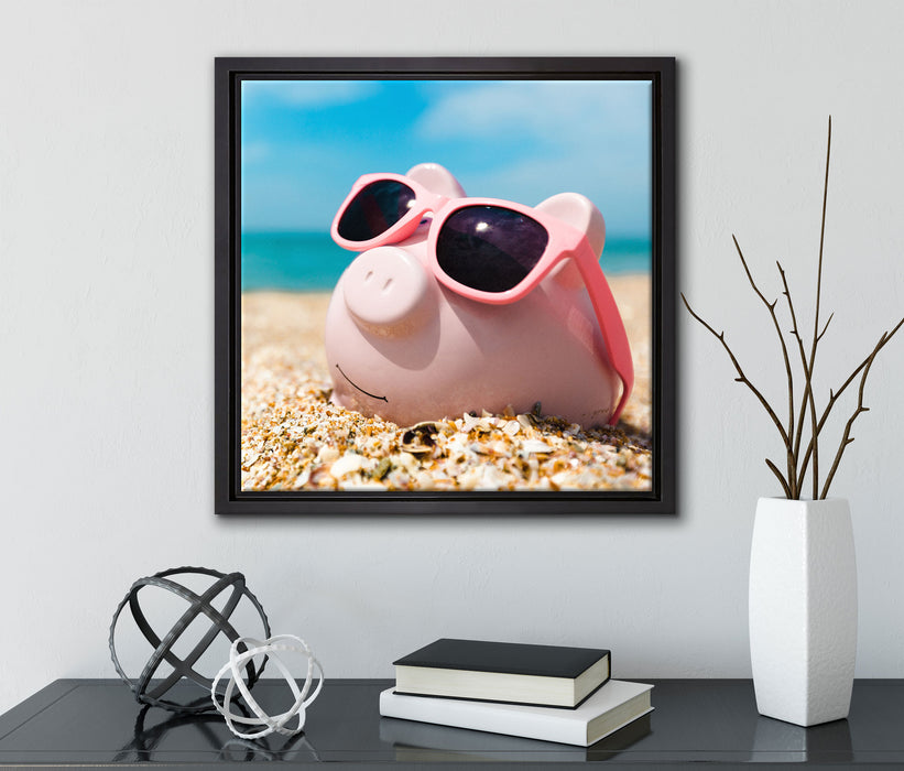 Schweinchen am Strand  auf Leinwandbild Quadratisch gerahmt mit Kirschblüten