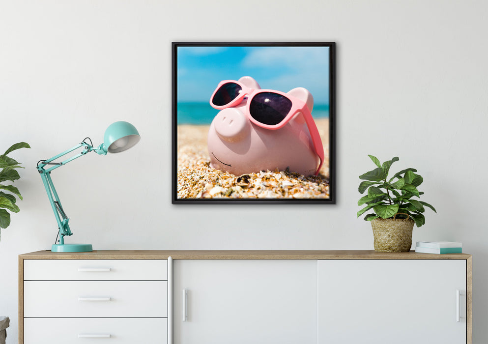 Schweinchen am Strand auf Leinwandbild gerahmt Quadratisch verschiedene Größen im Wohnzimmer