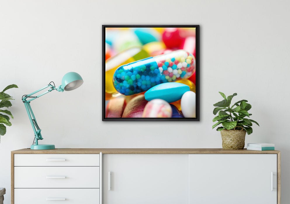 Pillen und Tabletten auf Leinwandbild gerahmt Quadratisch verschiedene Größen im Wohnzimmer