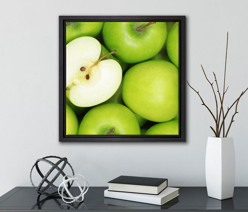 Grüne Äpfel  auf Leinwandbild Quadratisch gerahmt mit Kirschblüten