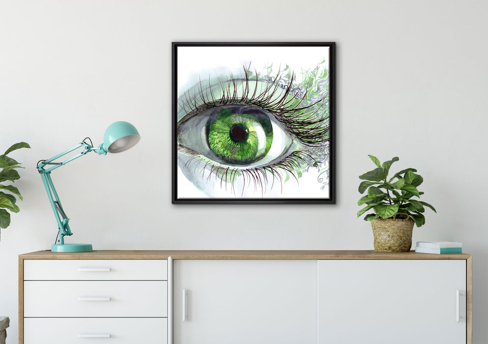 Grünes Auge auf Leinwandbild gerahmt Quadratisch verschiedene Größen im Wohnzimmer