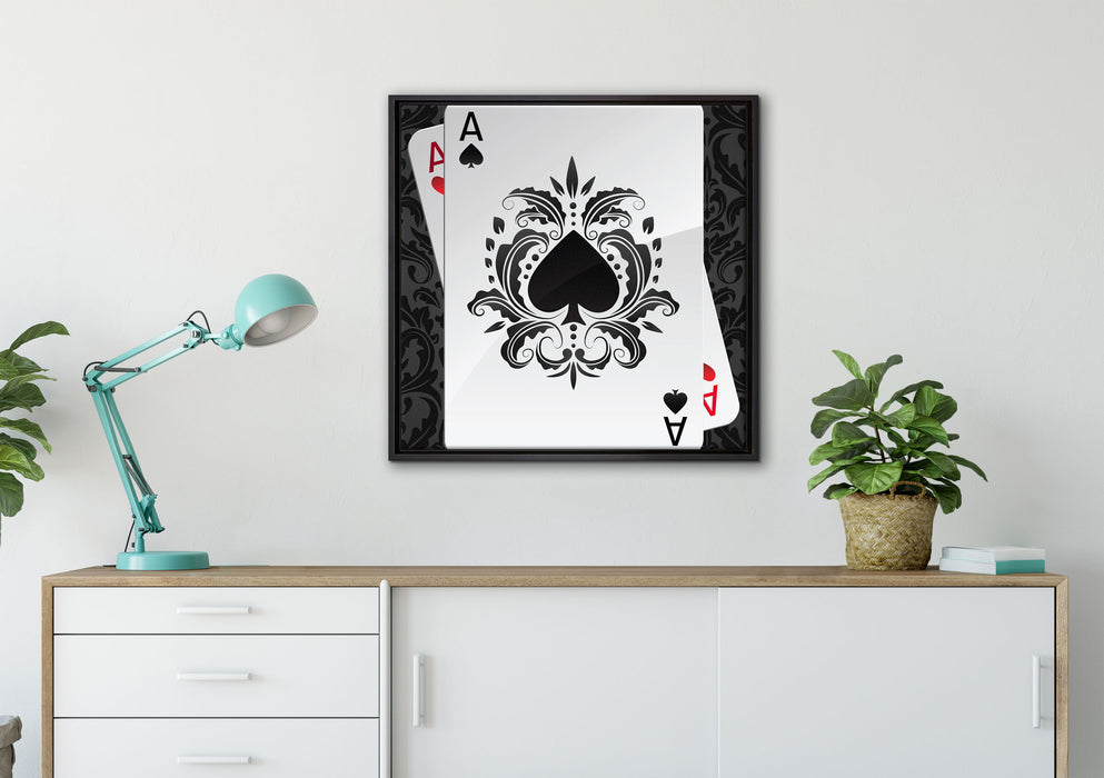 Ass Pik Spielkarte auf Leinwandbild gerahmt Quadratisch verschiedene Größen im Wohnzimmer