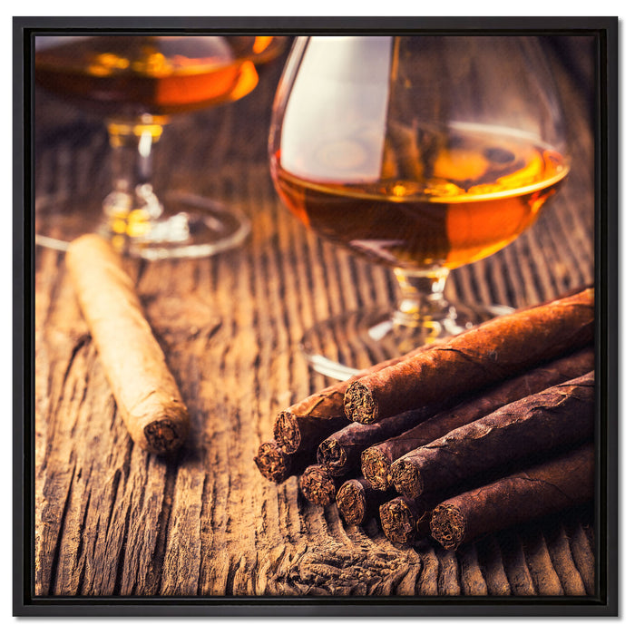 Whisky und Zigarre auf Leinwandbild Quadratisch gerahmt Größe 60x60