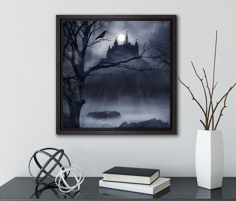 Düstere Burg  auf Leinwandbild Quadratisch gerahmt mit Kirschblüten