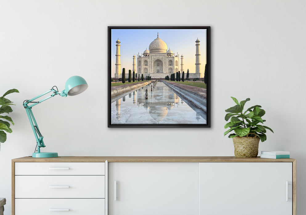 Taj Mahal auf Leinwandbild gerahmt Quadratisch verschiedene Größen im Wohnzimmer