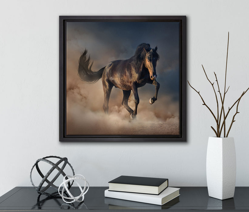 Schwarzes Pferd  auf Leinwandbild Quadratisch gerahmt mit Kirschblüten