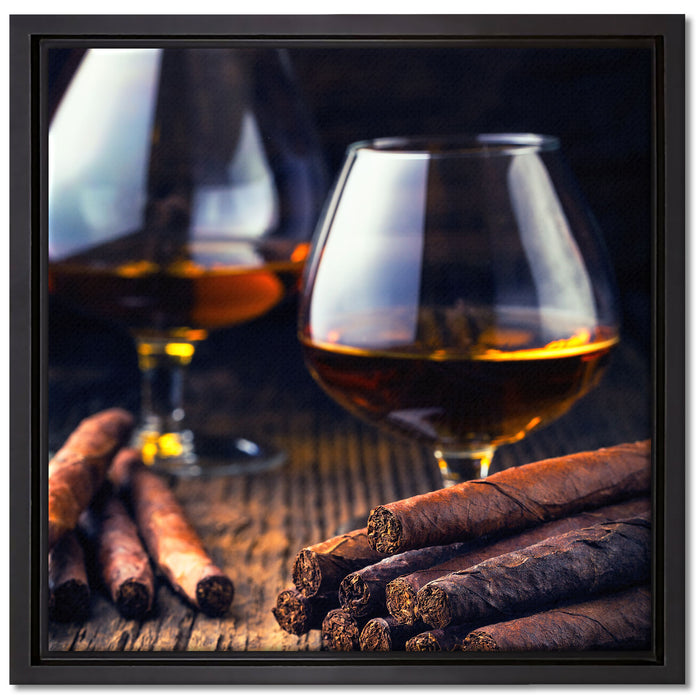 Whisky mit Zigarre auf Leinwandbild Quadratisch gerahmt Größe 40x40