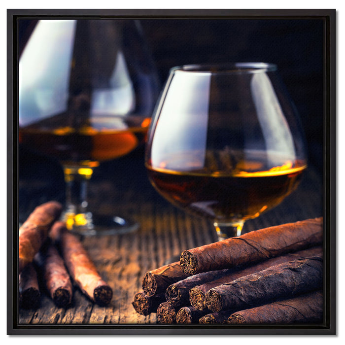Whisky mit Zigarre auf Leinwandbild Quadratisch gerahmt Größe 60x60