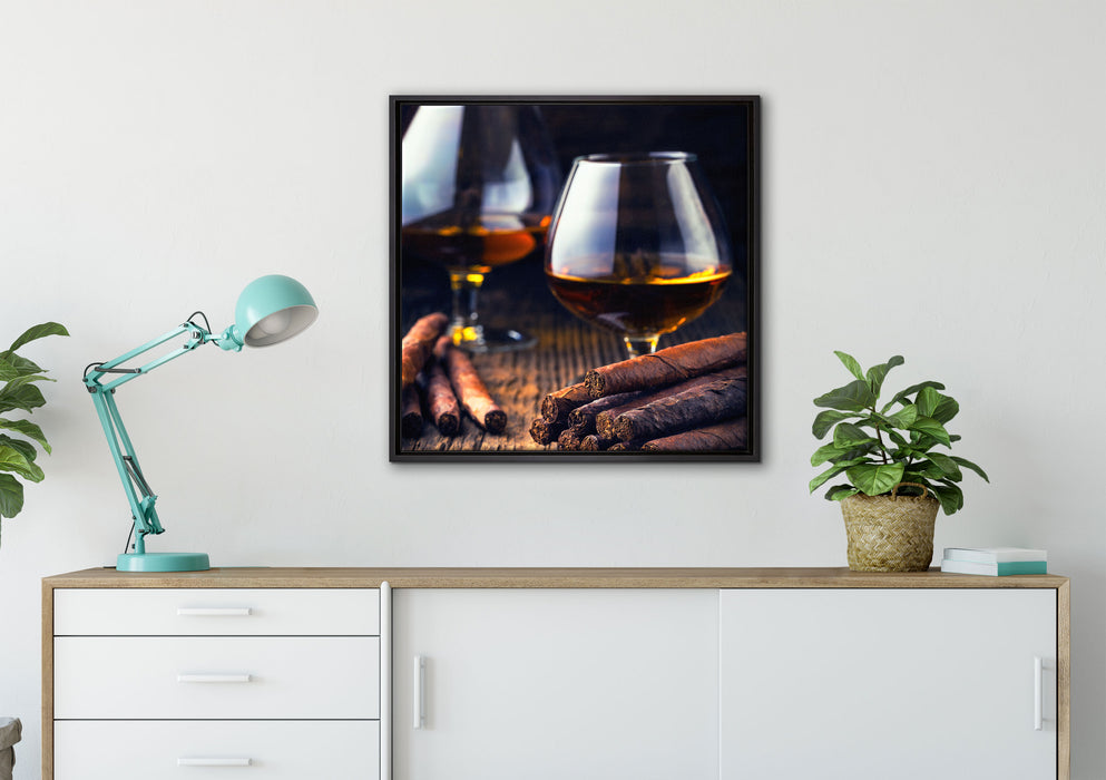 Whisky mit Zigarre auf Leinwandbild gerahmt Quadratisch verschiedene Größen im Wohnzimmer