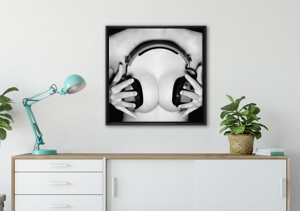 Dark Sexy girl Kopfhörer auf Leinwandbild gerahmt Quadratisch verschiedene Größen im Wohnzimmer