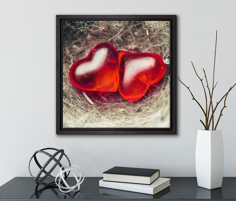 zwei Herzen  auf Leinwandbild Quadratisch gerahmt mit Kirschblüten