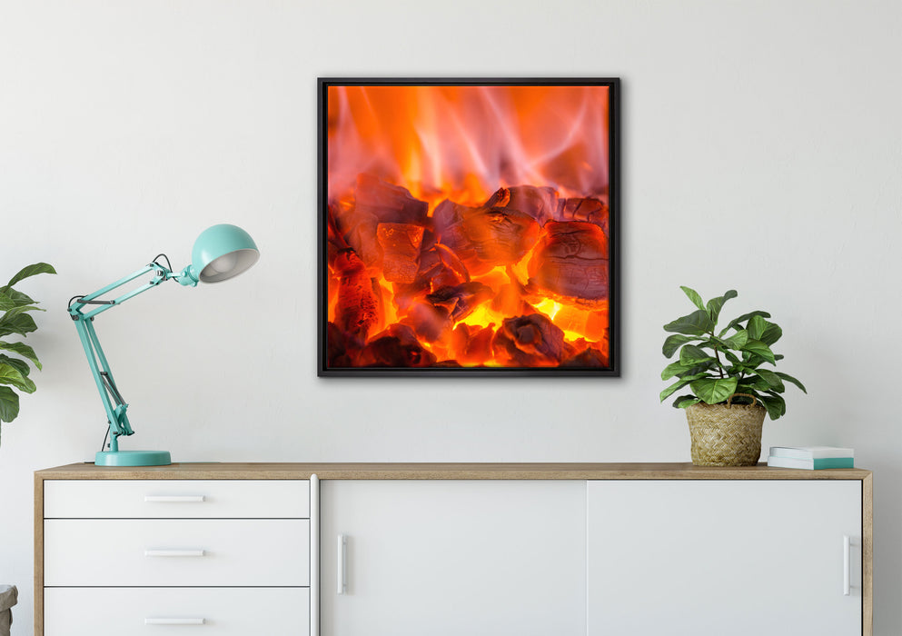 Holzkohle Feuer auf Leinwandbild gerahmt Quadratisch verschiedene Größen im Wohnzimmer