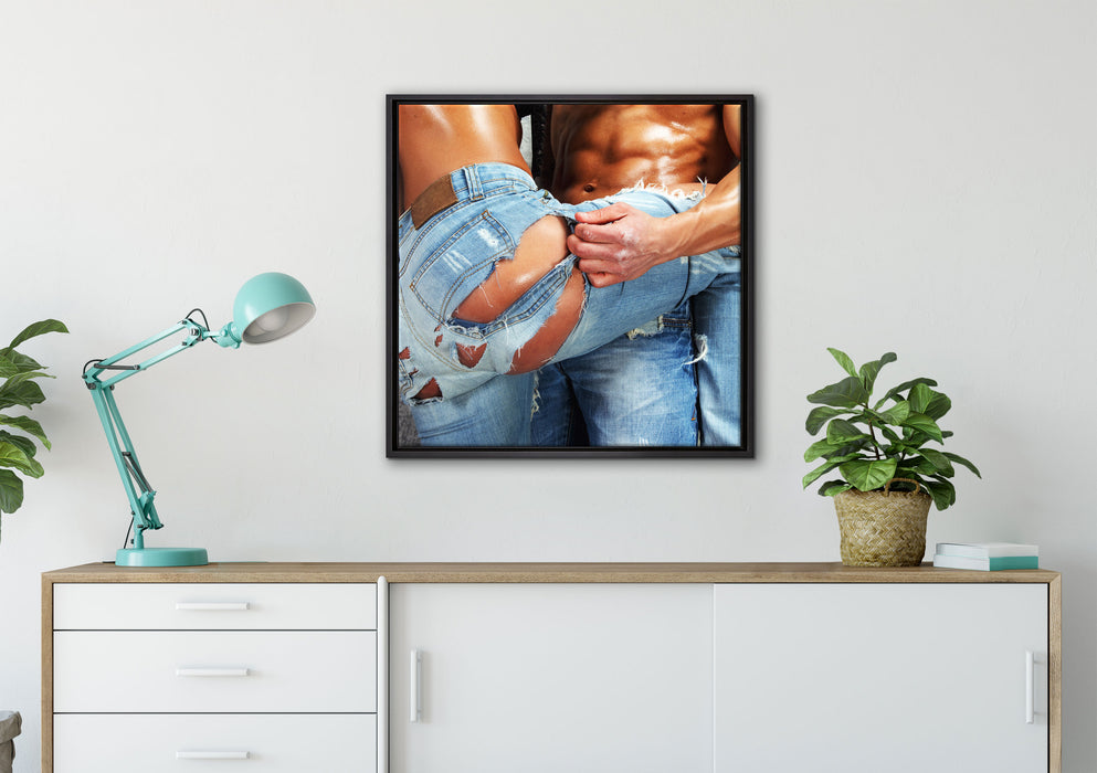 Sexy Pärchen Jeans auf Leinwandbild gerahmt Quadratisch verschiedene Größen im Wohnzimmer