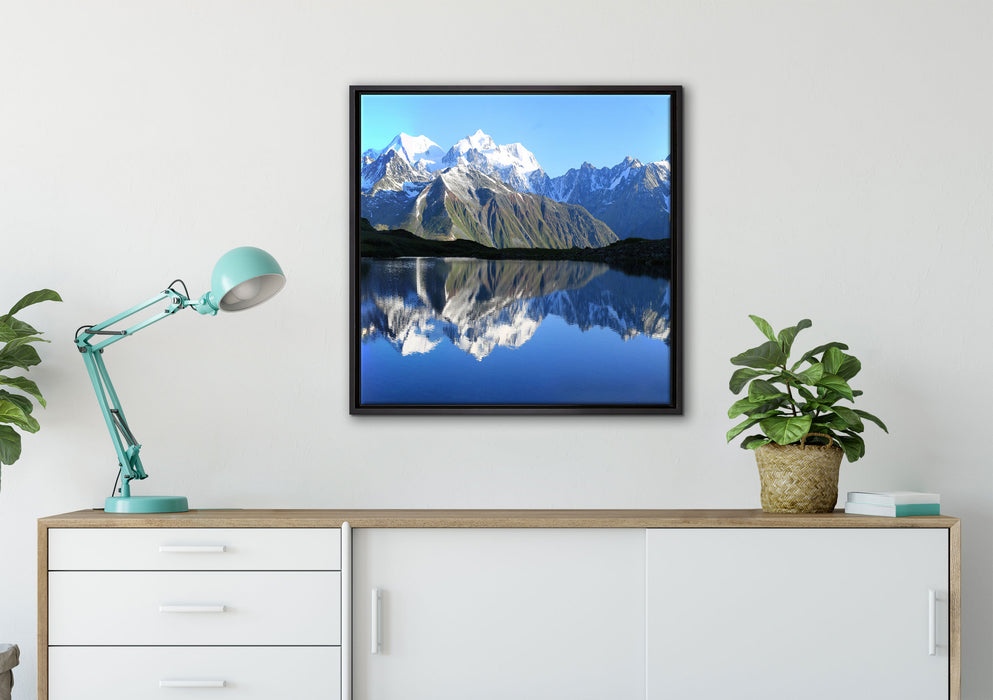 Berge am See auf Leinwandbild gerahmt Quadratisch verschiedene Größen im Wohnzimmer