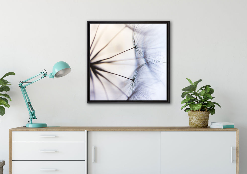 Weiße Pusteblumen auf Leinwandbild gerahmt Quadratisch verschiedene Größen im Wohnzimmer