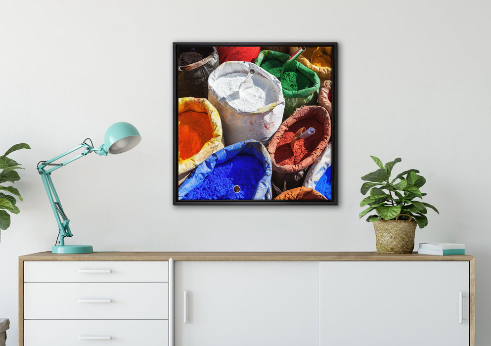 Farbpigmente auf Leinwandbild gerahmt Quadratisch verschiedene Größen im Wohnzimmer